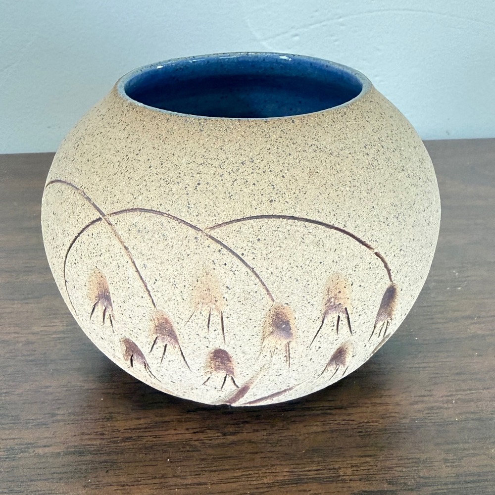 Martine 1997 Studio Pottery Vase Handcrafted Textured Beige Blue Bud Vase 5in